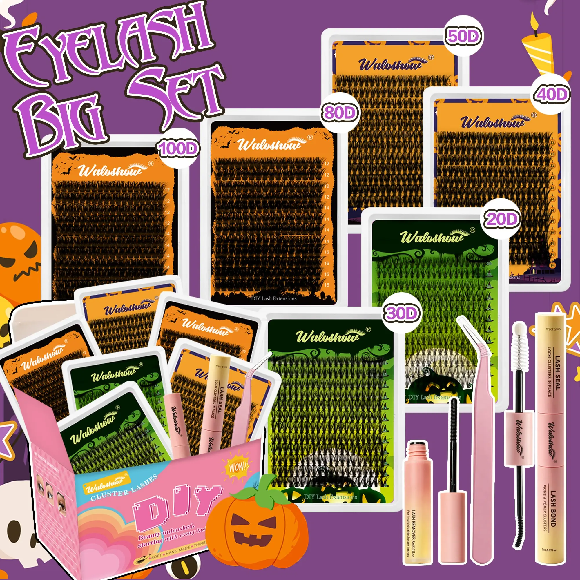 Halloween Lash Extension Kit Set, 20D-100D Natural Full Lashes, Soft Lightweight, Includes Glue Tweezers Brush, Easy DIY, Long Lasting