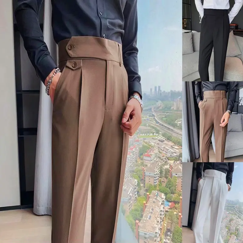 Men's Slim-Fit Plain Trousers - High-Waisted Naples Cut for Modern Business Casual Menswear, Pocket, Korean, All Seasons, High Rise