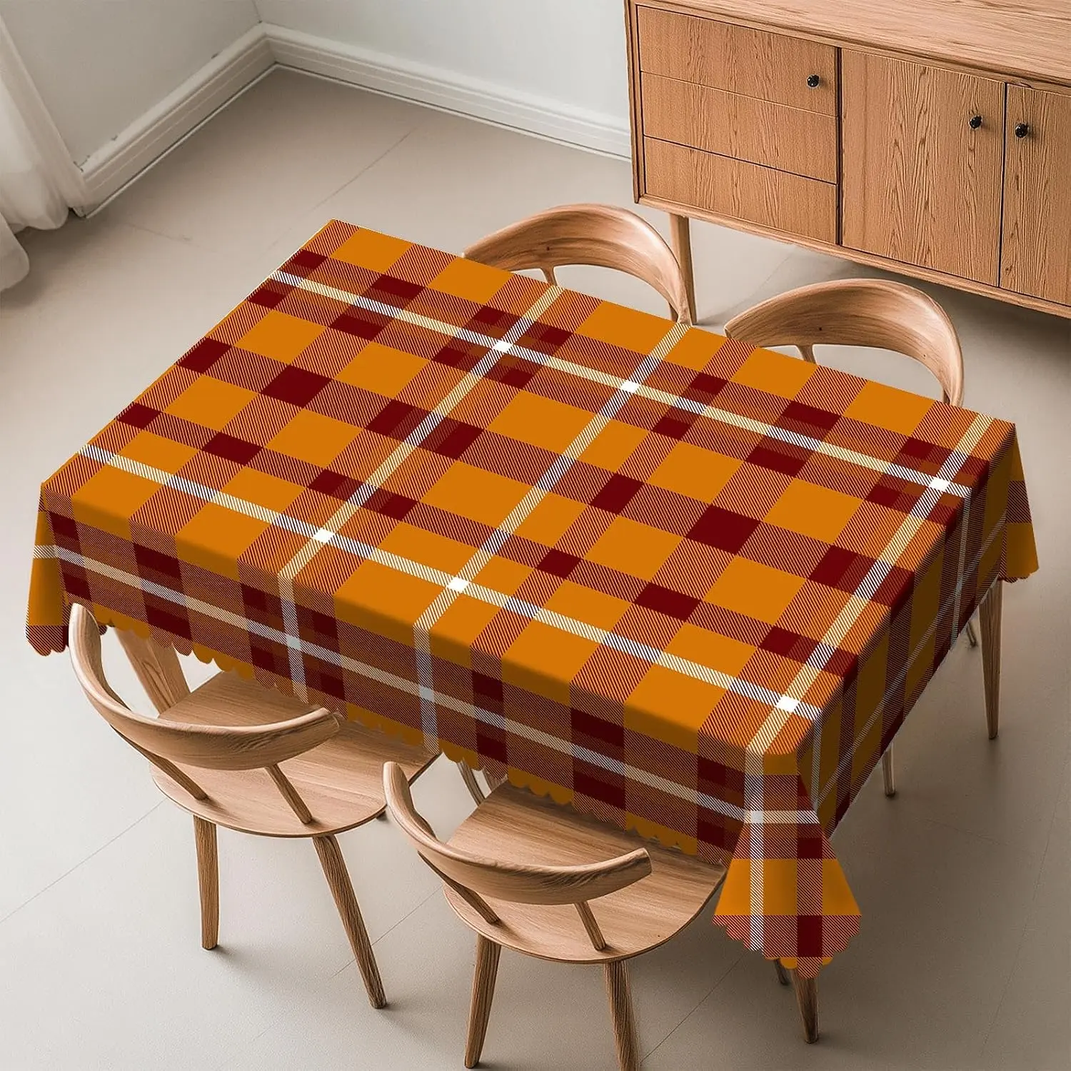 Fall  Tablecloth Orange  Gingham  Check Rectangle Table Cloth Fall Themed Thanksgiving Day Washable Table Cover with Wavy Edging Suitable for Dining Kitchen 54×72 in