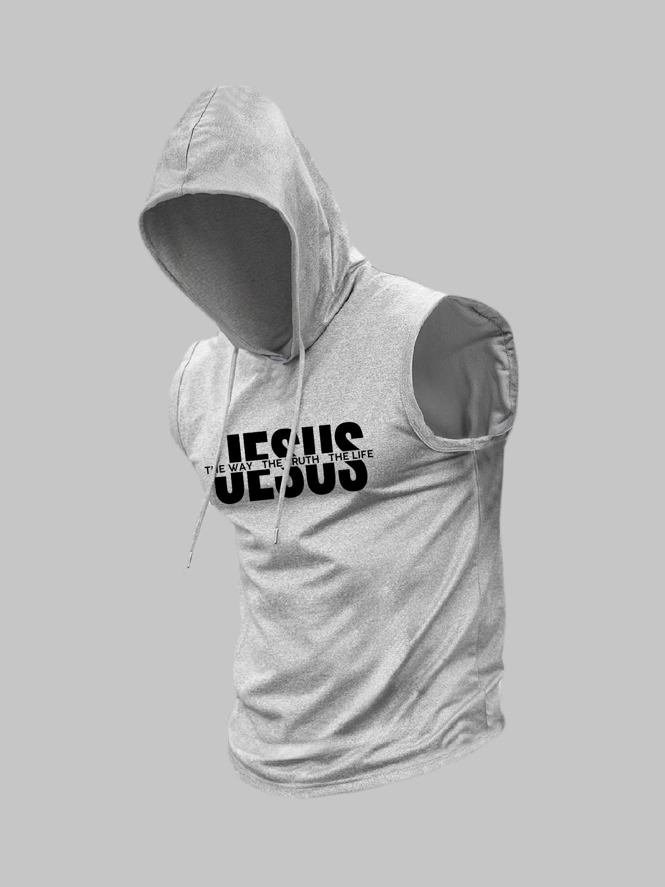 Men's Jesus Print Hooded Tank Top, Regular Fit Casual Sleeveless Hoodie Vest for Summer, Men's Top for Daily Wear, Workout Tank Top, Socks