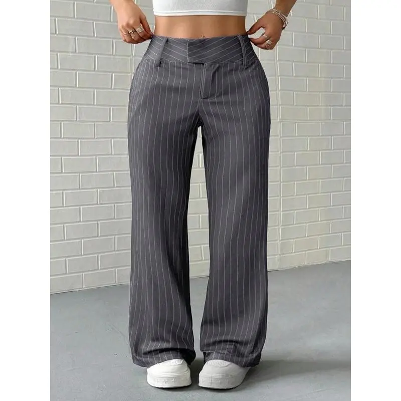 Elegant Striped Wide Leg Pants for Women High Waist Loose Fit Straight Hem Trousers Autumn Fashion Long Casual Bottoms