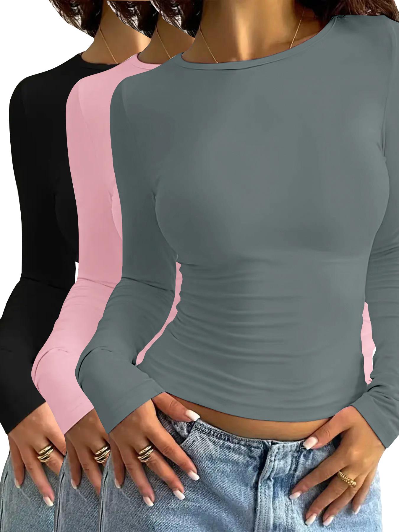 Women's Solid Long Sleeve Lounge Tops, Classy Casual Comfy Knitted Fabric Round Neck T-shirt for Daily Nightwear, Pyjamas for Women, Ladies Sleepwear for All Seasons, Crewneck Sleepwear for Women, Clothing, Womenswear, Casual Comfy Stretchy