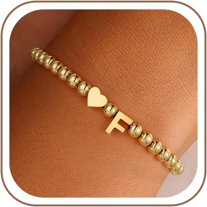 Custom Letter Beaded Bracelet,  Heart Letter A-Z Bead Bracelet,  & Tarnish Resistant,   for Women