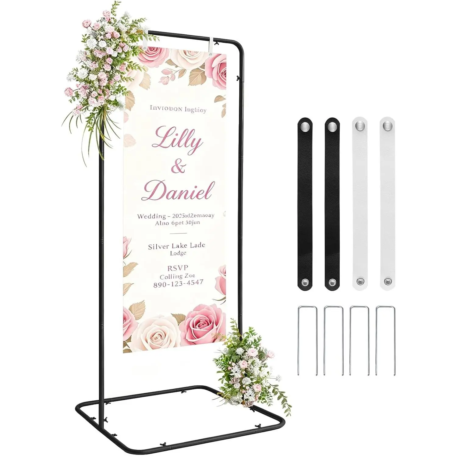 Wedding Welcome Sign Easel Metal Poster Holder Vendor Display Stand | Adjustable Easel Frame with  Straps for  Shower, Vendor Markets, Event Planner Indoor & Outdoor Party Decor Black
