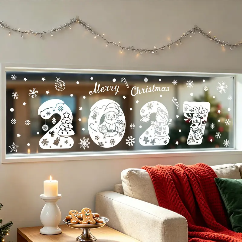 2027 Christmas White Snowflake Santa Static Window Stickers, PVC Decorations for Home & Store Window