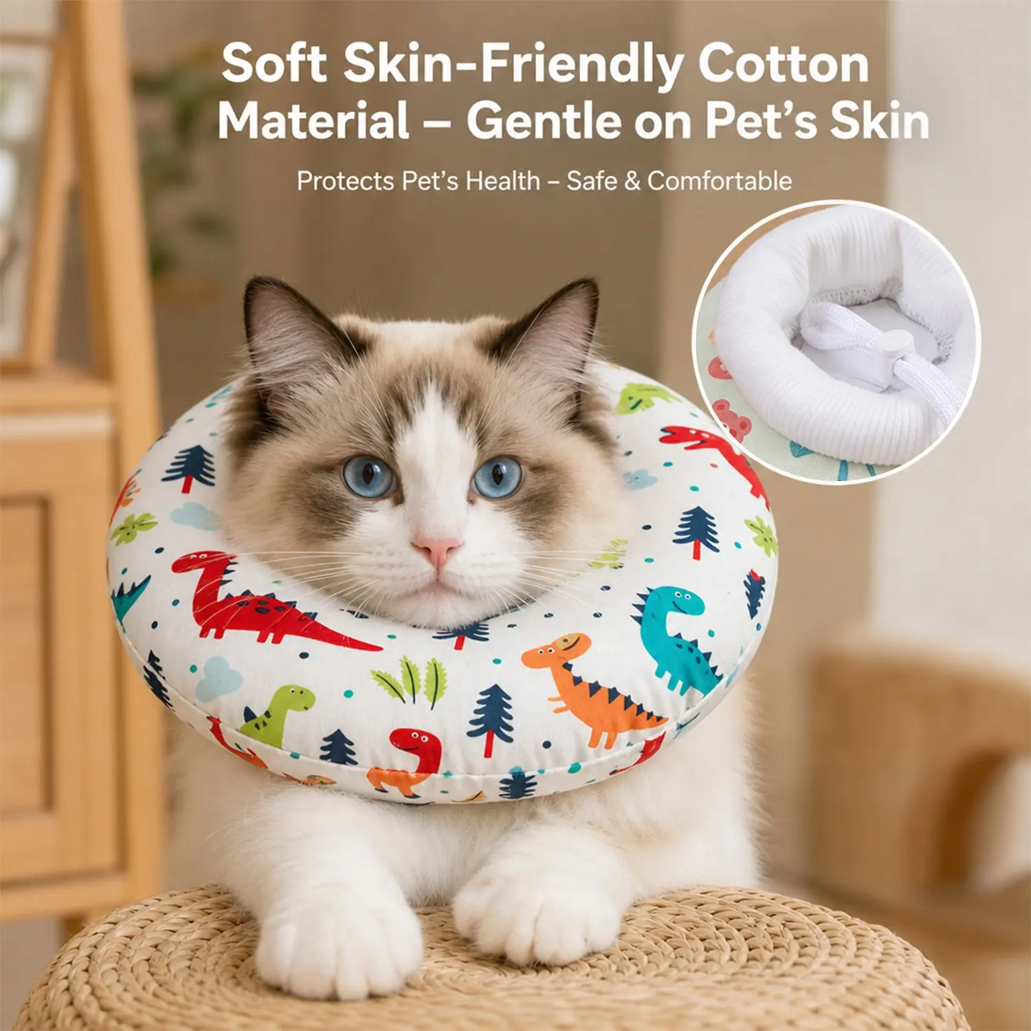 Cute Waterproof Cat Recovery Cone Collar with Soft Neck Pillow, Adjustable Pet Elizabeth Collar for Cats & Small Dogs, Prevent Licking & Scratching After Surgery, Easy to Clean Hair-Resistant Protective Collar, Rainbow Dinosaur & Flamingo Prints