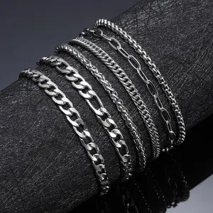 Men's 6-Pcs Stainless Steel Chain Bracelet Set - Cuban, Figaro, Stackable Styles, Non Tarnish Jewelry for Sports, Outdoor Use & Daily Wear, Ideal for Gifting, Stainless Steel Bracelets,summerwins