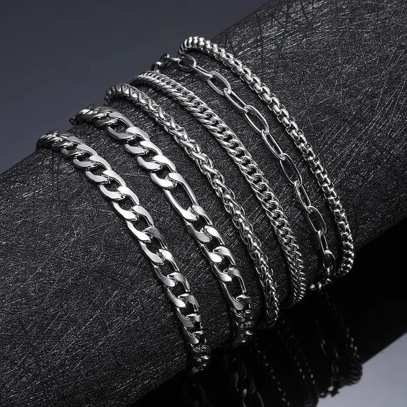 Men's 6-Pcs Non-Tarnish Stainless Steel Chain Bracelet Set - Cuban Links, Figaro & Stackable Chain Designs, Ideal for Gifting, Daily Wear & Sports, Perfect for Father’s Day, Graduation & Christmas, Men's Accessories, Non Tarnish Jewelry, Male, Water Resis