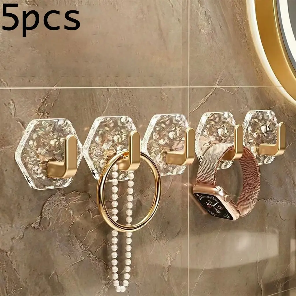 Self-Adhesive Hooks 5-Pack, Hexagonal Ripple Design, Strong Adhesion, Waterproof Rustproof, Ideal for Bathroom Kitchen, Easy Installation