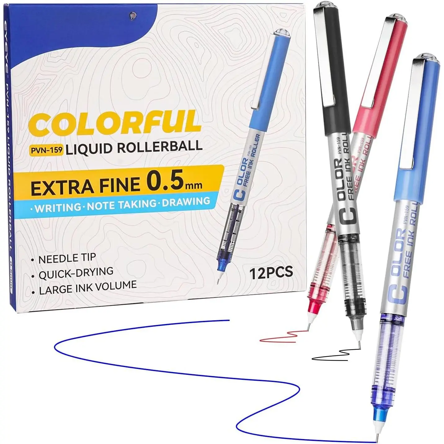 Rollerball Pens 0.5mm, 12 Pack 3 Colors Extra Fine Point Roller Ball Pen Quick Dry, Liquid Ink Pens Fine Point Smooth Writing Pen for Journaling, Note Taking, Office, School Supplies