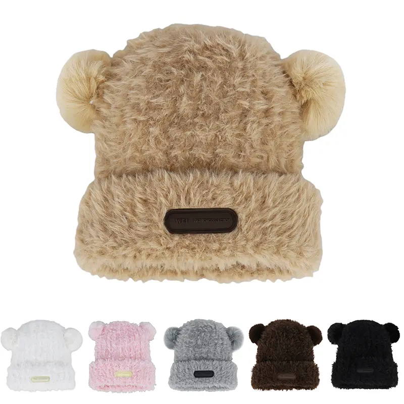 Women Fuzzy Bear Ears Beanie Hat Winter Warm Knitted Hat