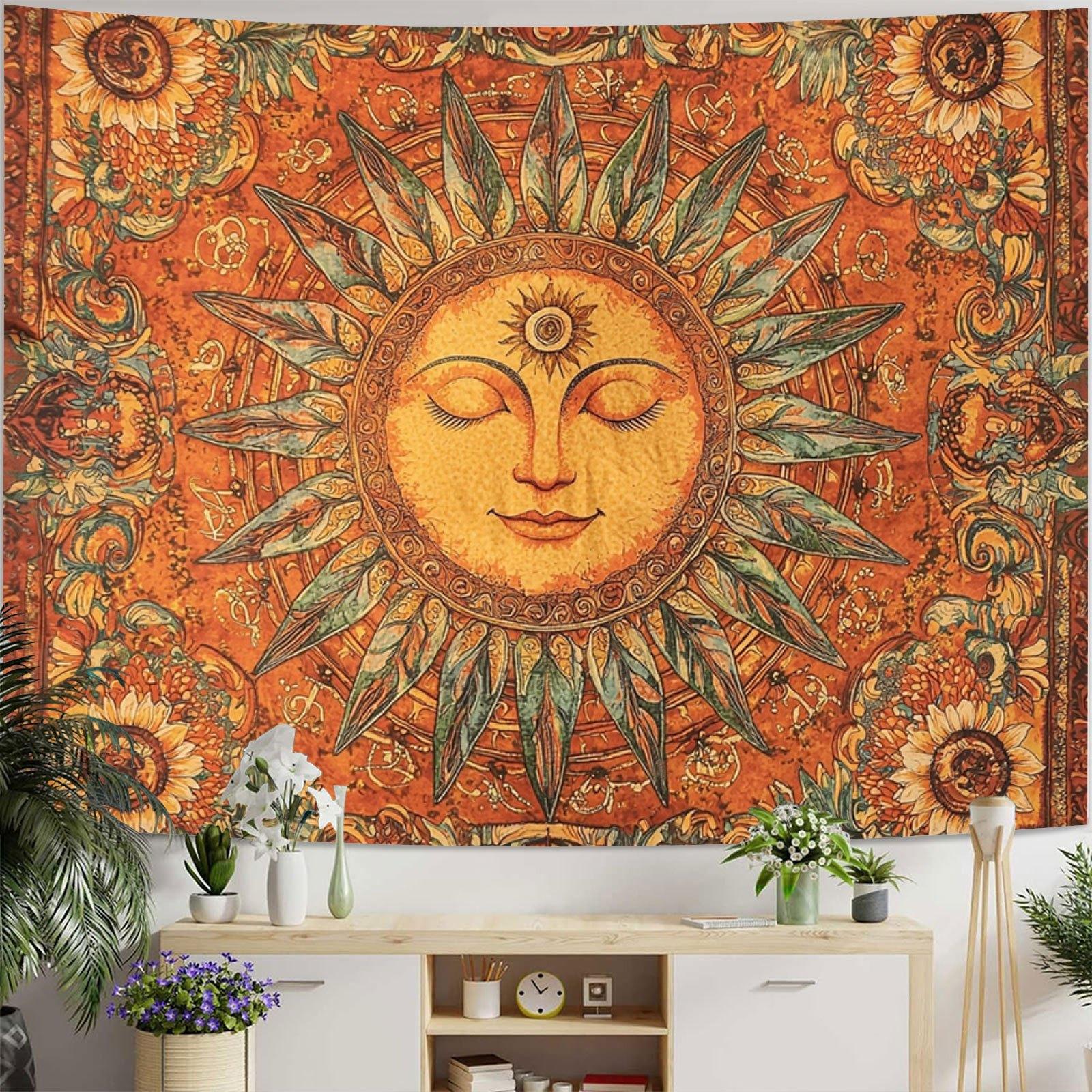 Vintage Bohemian Sun and Moon Tapestry |   Closed-Eye Smiling Sun Wall Hanging, Aesthetic Boho Decor for Living Room Bedroom Dorm, Multi-Functional Indoor Outdoor Art