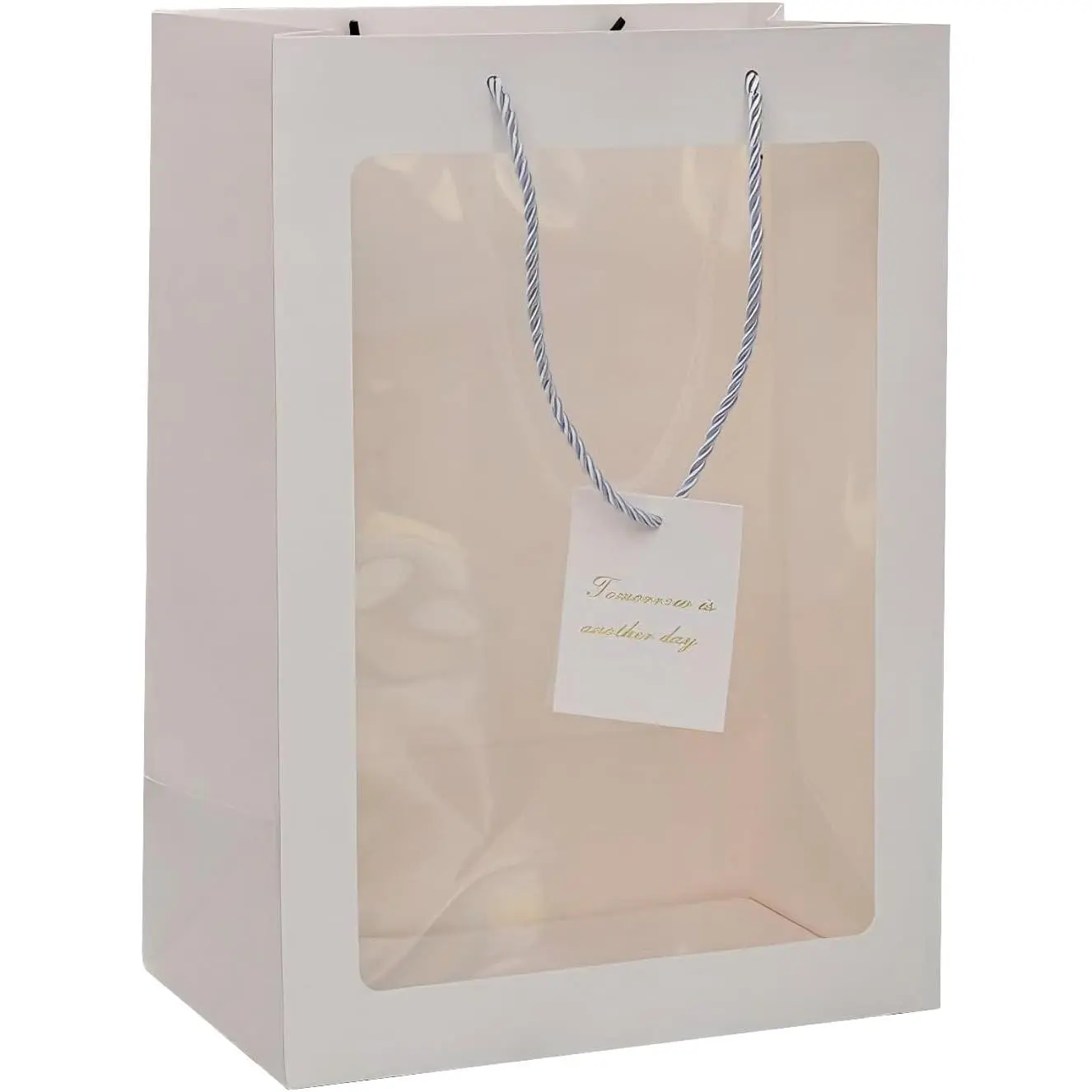 4 Pack 13.8" Large White  Bags with Handles,Clear Window Paper  Bags for Presents Cute Bags for Valentines,Wedding,Easter,Christmas, Shower,Birthday Party,L-9.8"L x 5.9"W x 13.8"H