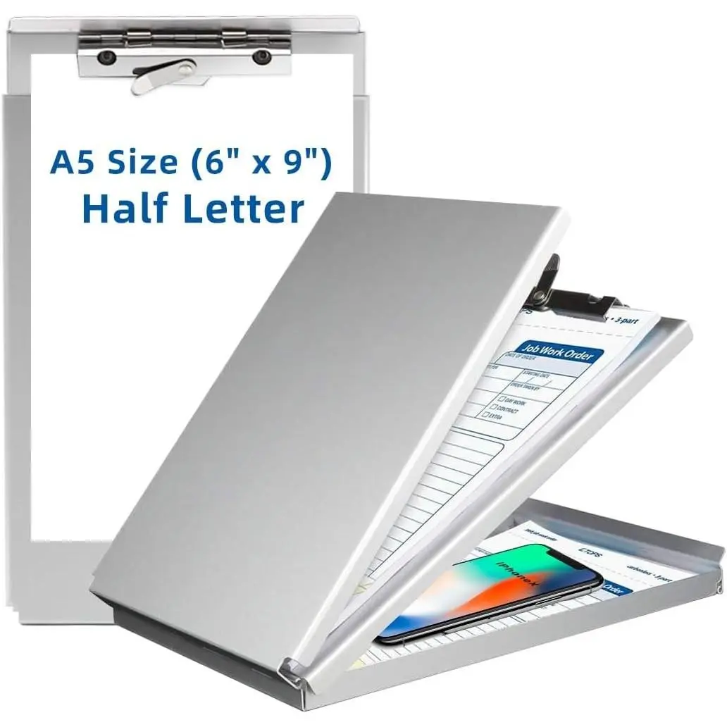 Aluminum Clipboard with Storage(Memo Size), Recycled Metal Form Holder Binder Fits Paper Size up to 5.66 x 9.5 inches, A5 Size