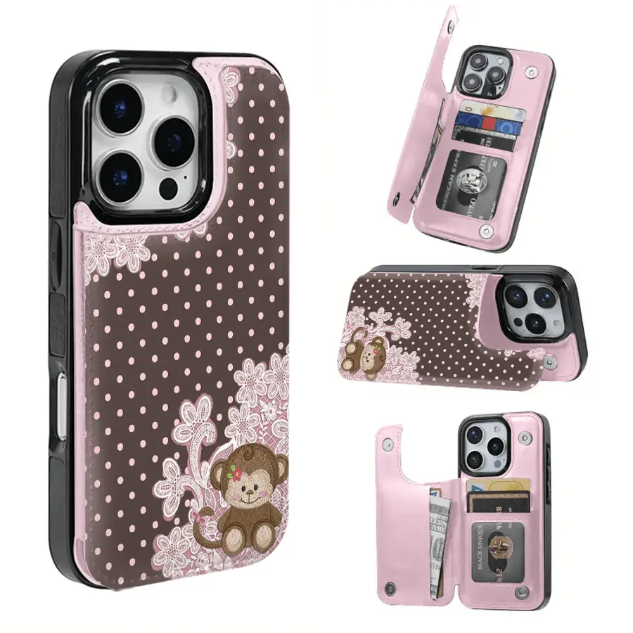 A Monkey With A Bow Against A Brown Background Textured Leather Card Holder Phone Case - Compatible With The 17 Pro Max/Air/16/15/14/13/12/11 Series, As Well As The S22/S23/S24/25 Series. An Ideal Gift Choice For Christmas