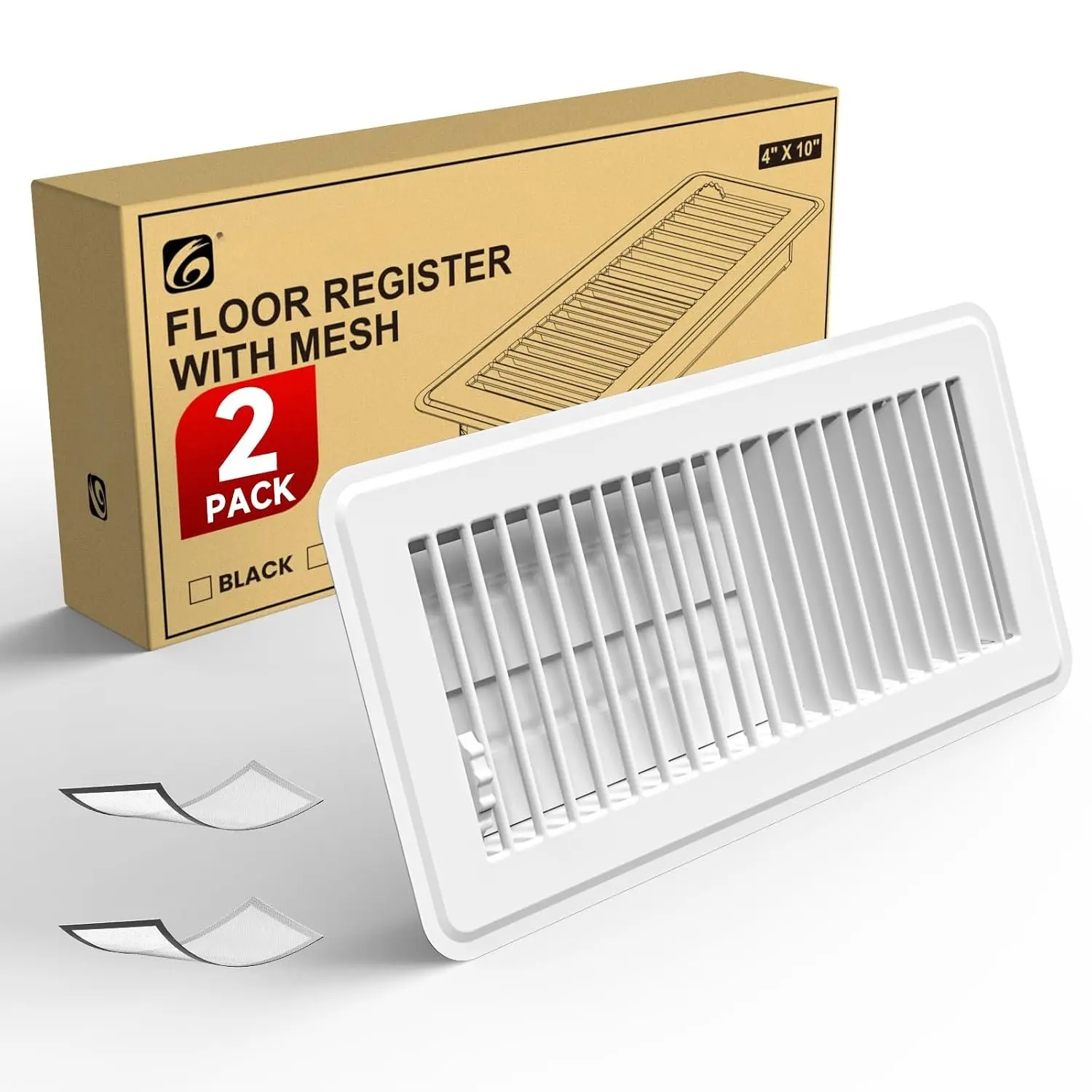 White Iron-Coated Rustproof Heavy-Duty Walkable Floor Registers (2 Count, 4x10 in) - Air Vent Covers with Flow Control, Easy Adjustment, 2 Vent Meshes for Home Heating & Cooling Ventilation