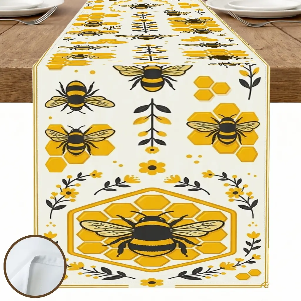 1pc Bee Honeycomb Floral Table Runner, Rustic Farmhouse Style, Printed Pattern with Honeycomb and Bee Design, for Dining Table Kitchen Decor Home Decor Spring Decor