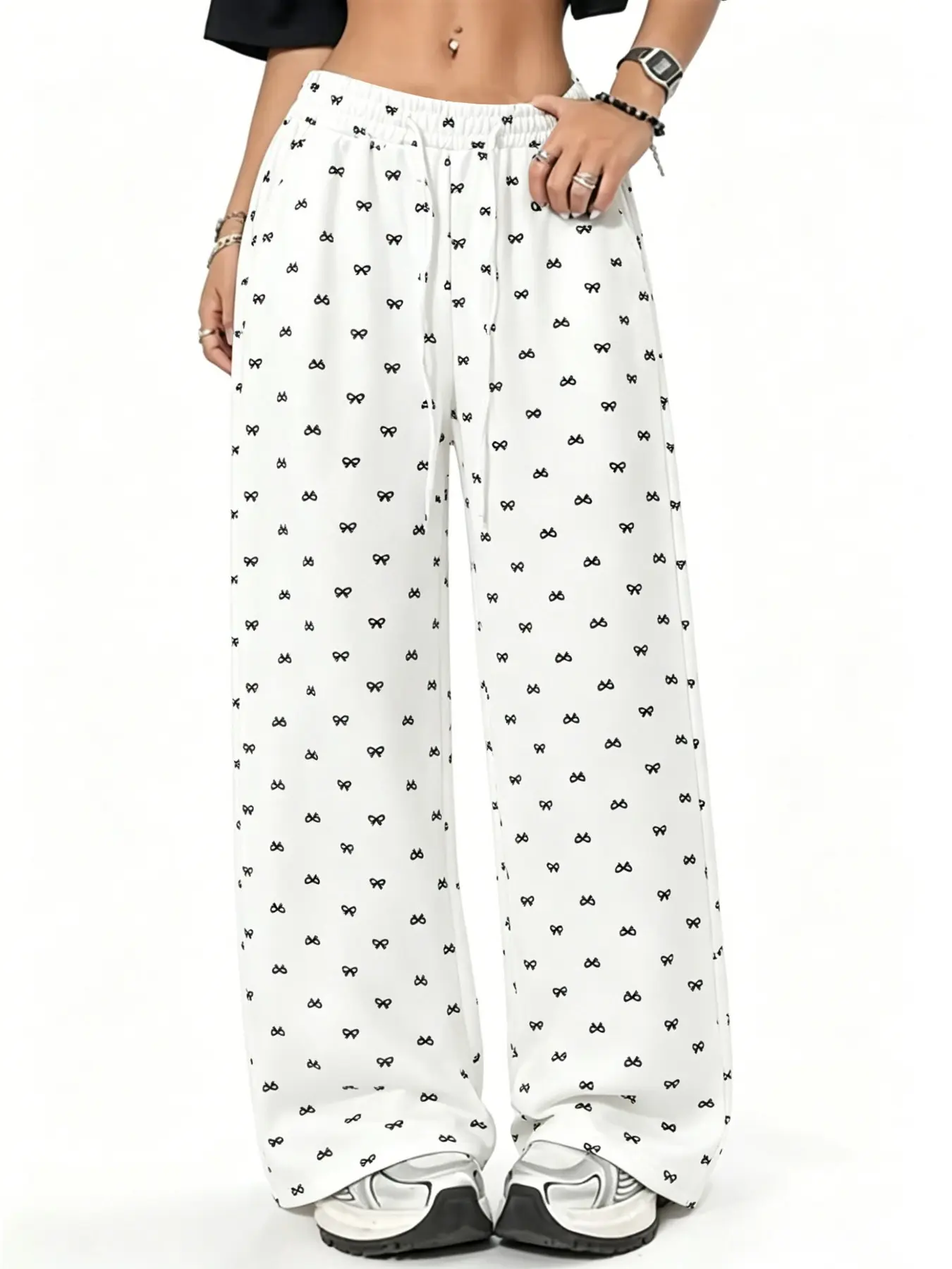 Spring Summer Pure Desire Girl Style Women's Full Print Small Bow Wide Leg Sweatpants, Drawstring High Waist Loose Long Pants, All Season Versatile Pants