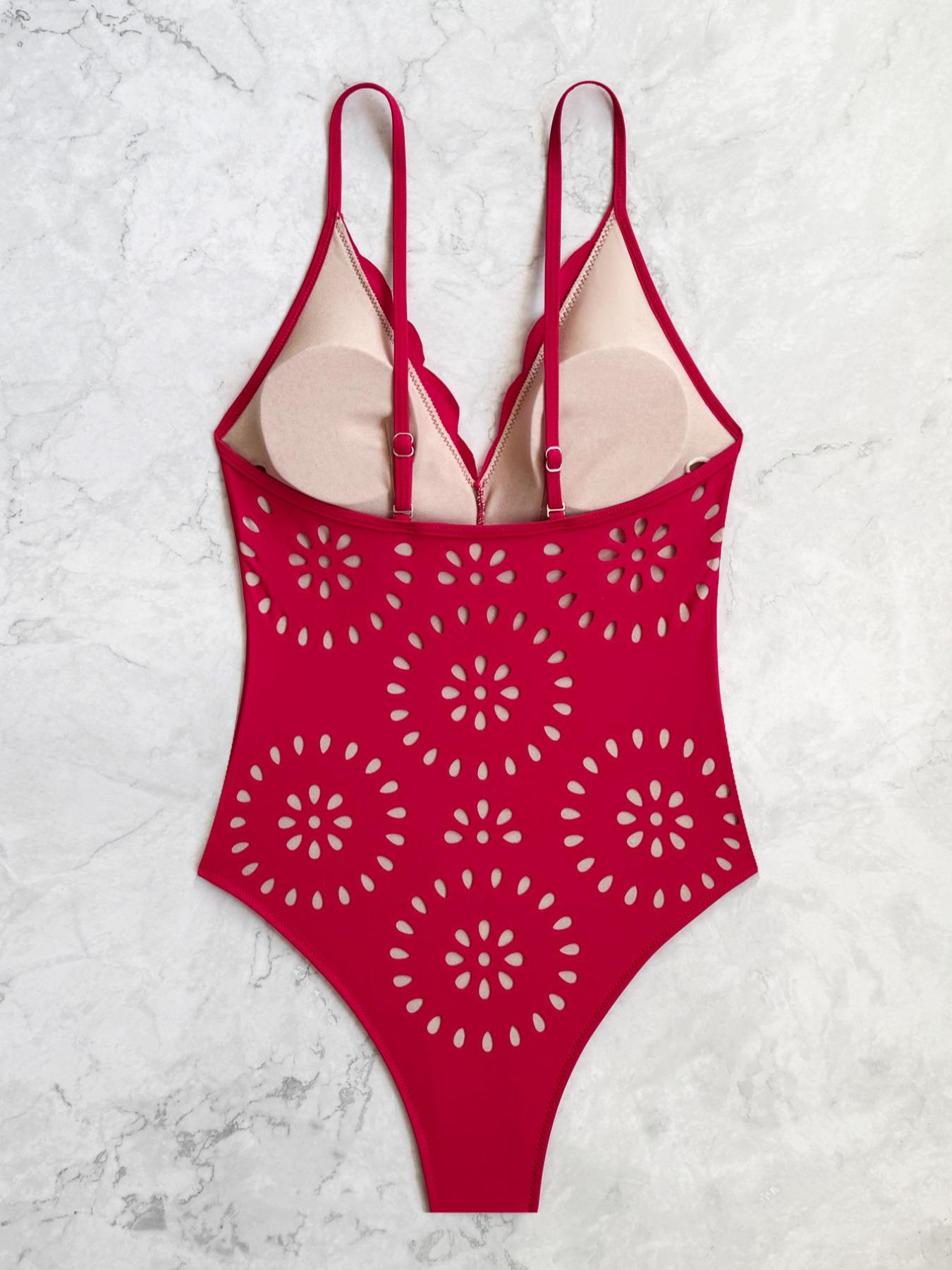 Women's Solid Color Hollow Out Scallop Trim One-piece Swimsuit, High Stretch Sexy Casual Adjustable Spaghetti Strap Backless Sleeveless Swimwear for Beach Holiday Vacation, Ladies Swimsuit for All Seasons, Swimsuit Style