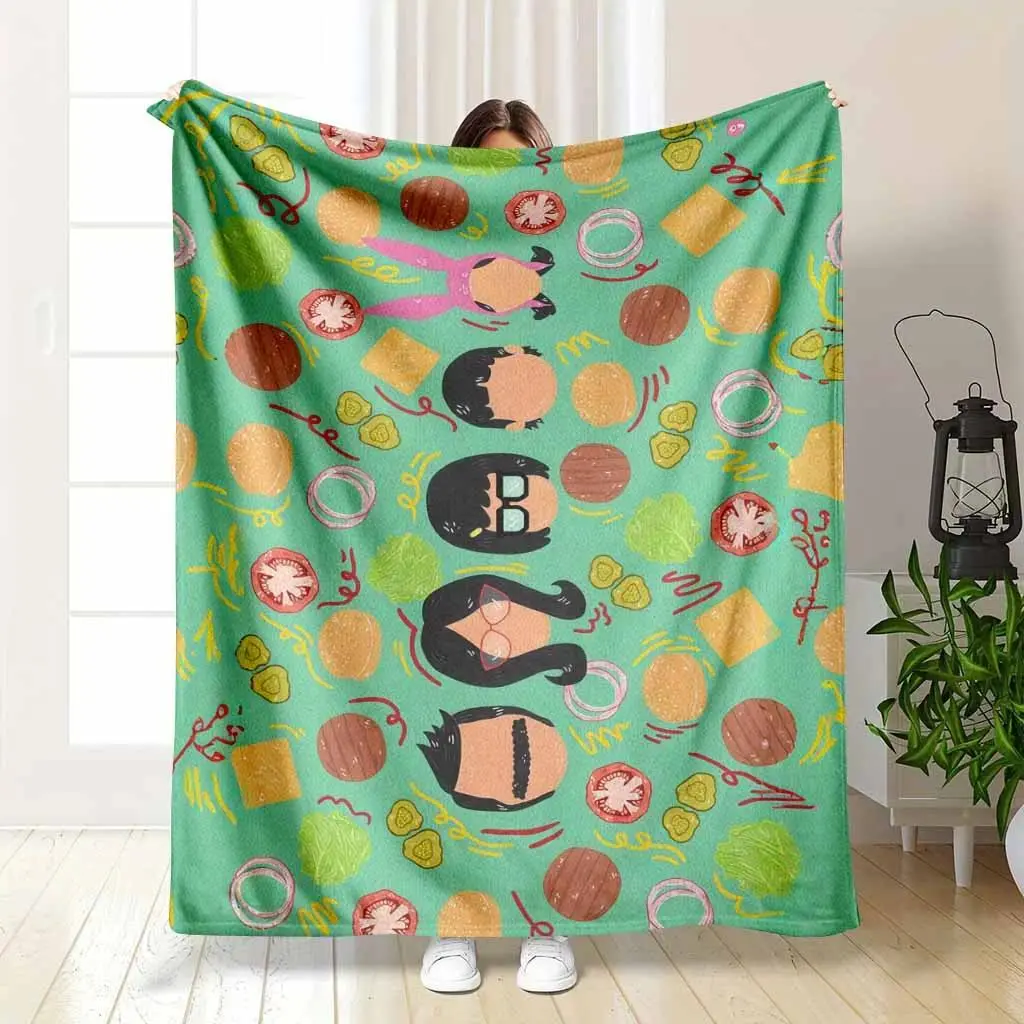 Burger Family Cartoon Food Print Flannel Throw Blanket, cooling blankets cooling blanket blankets quince bedding, Soft Warm Lightweight Breathable Cozy Blanket Sofa Travel Home Decor Holiday Gift For Cartoon & Food Lovers