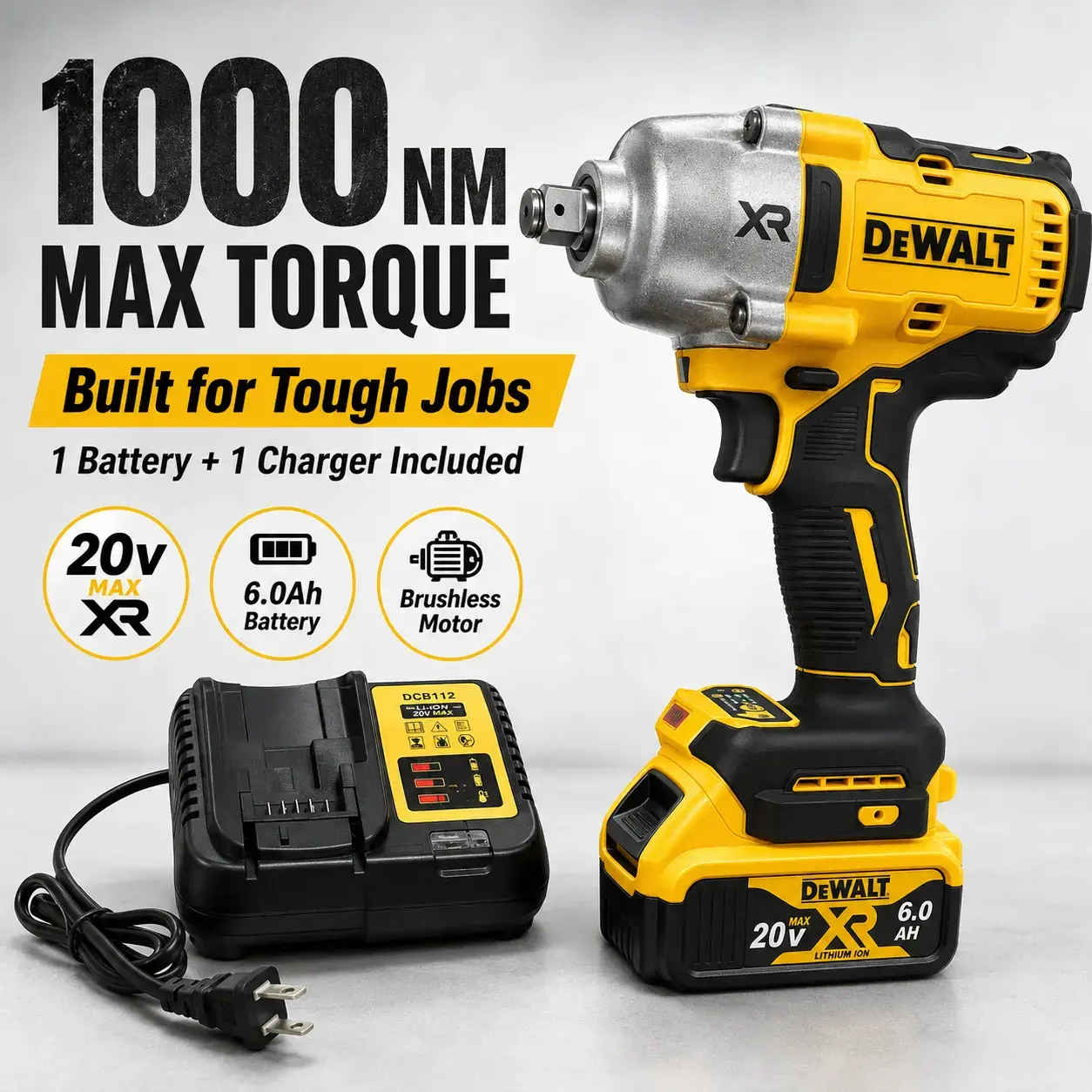 DEWALT DCF900 Kit 1/2-In Brushless Motor Impact Wrench with Hog Ring Anvil, 20V Cordless High Torque Power Tool, 1/2 Inch Drive, Battery & Charger Included for DIY Projects