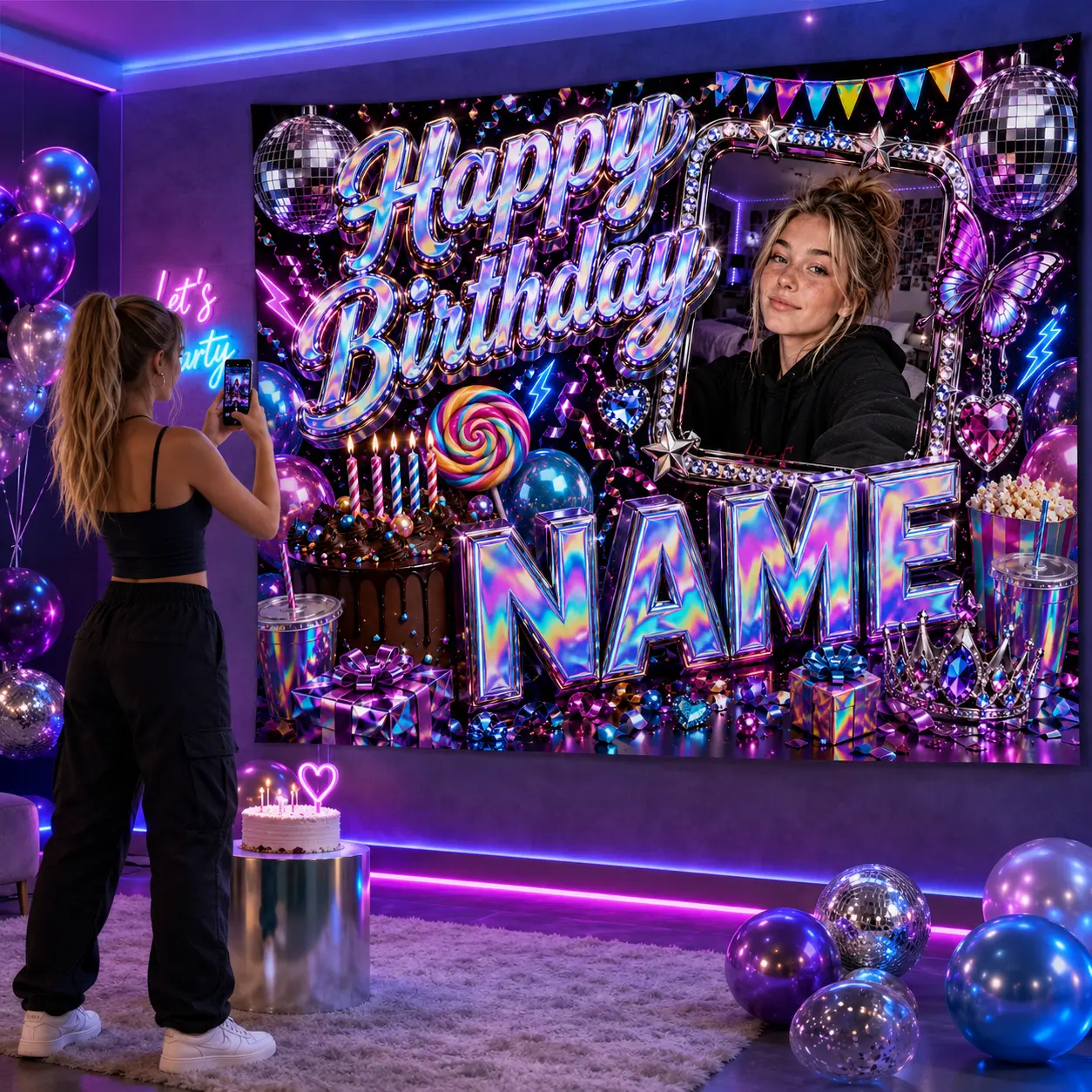 Personalized Neon Birthday Backdrop with Photo and Name, Disco Balls, Butterfly, Cake, Crown and Gift Party Decor