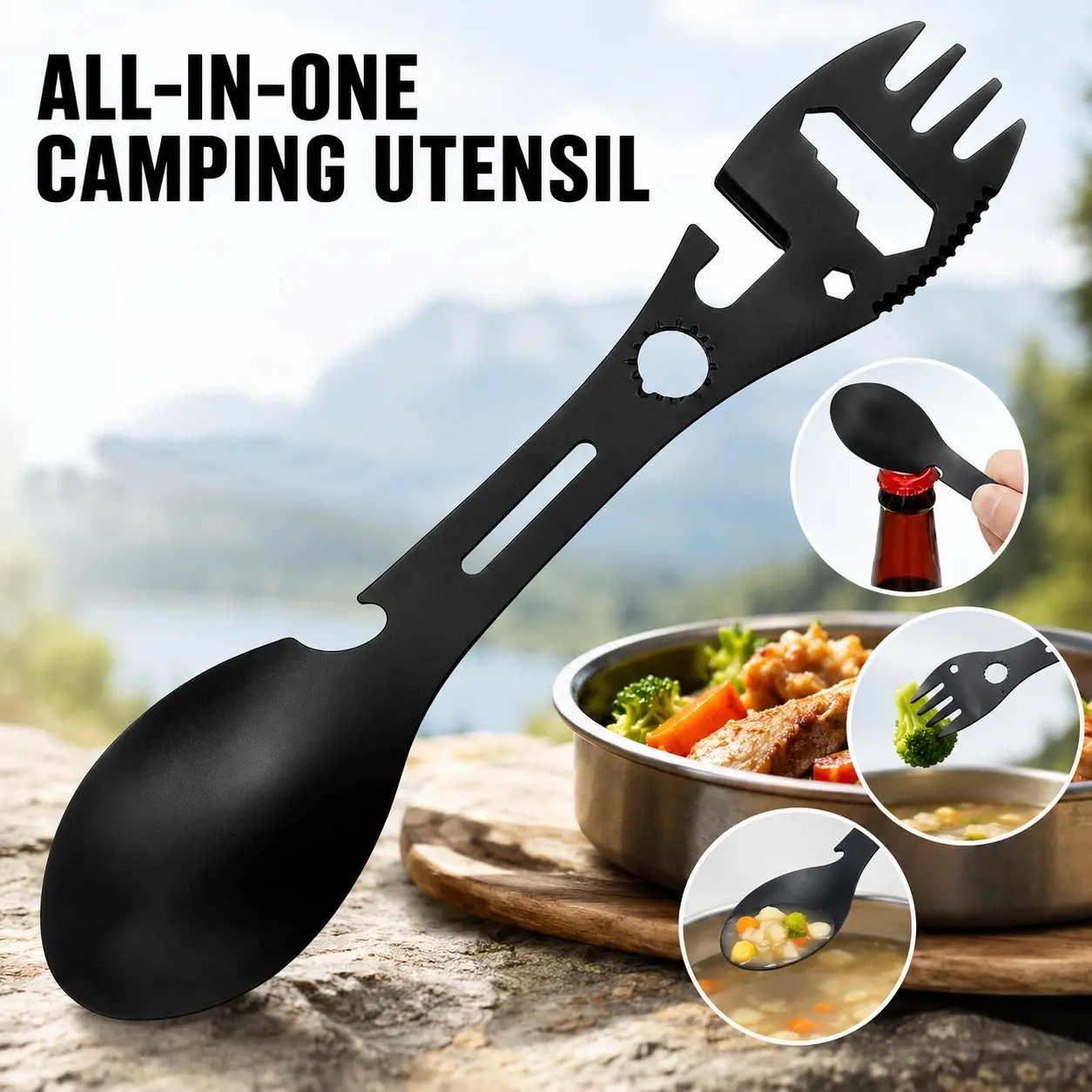 2PCS Stainless Steel Multi-Tool Spoon Set, Camping Utensils, Includes Bottle Opener, Wrench, Direction Indicator, Ideal for Camping Hiking Backpacking