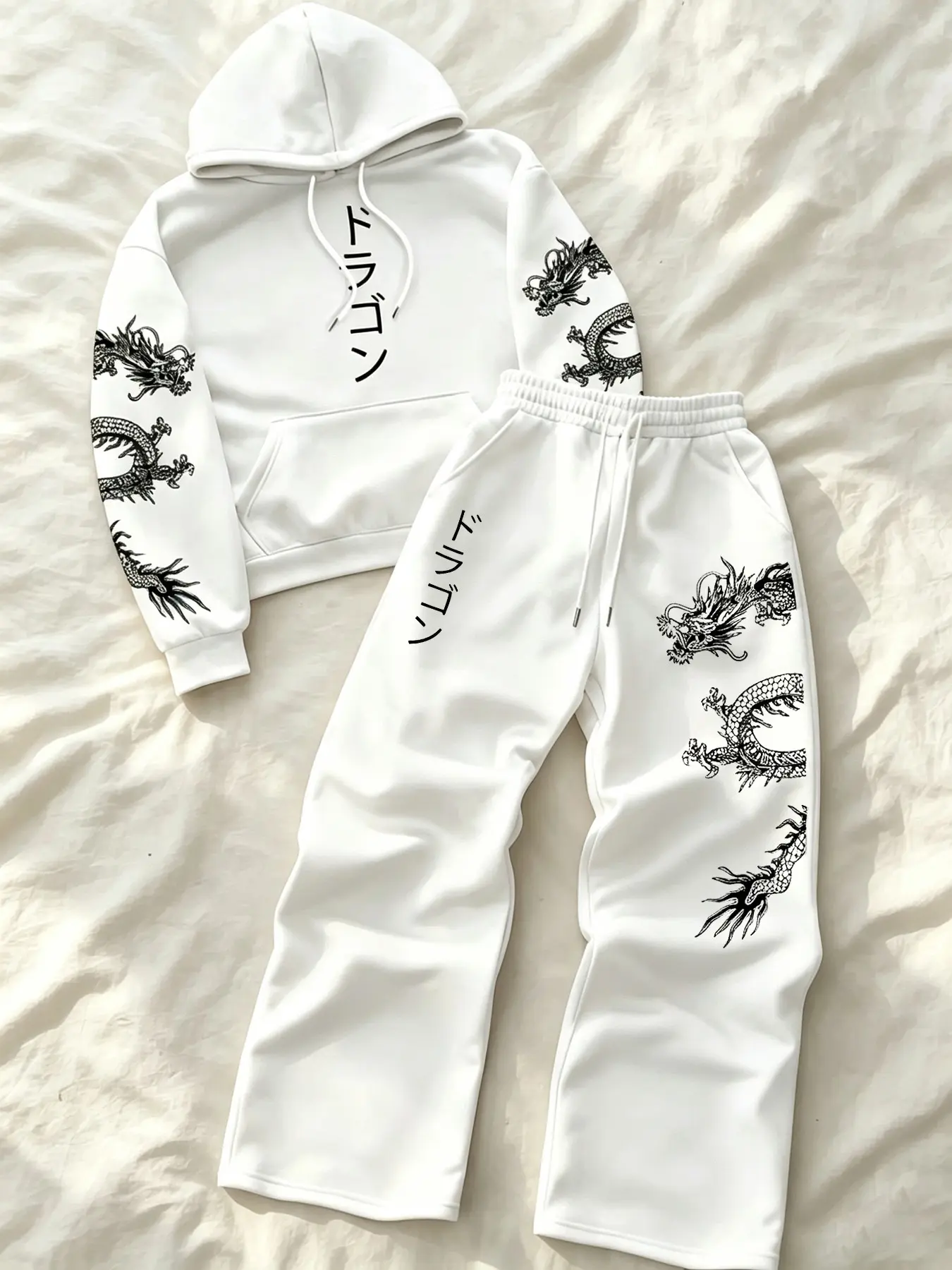 Men's Comfortable Casual 2-Piece Set, Japanese Style Dragon Print Hoodie, Loose Fit Sweatshirt & Wide Leg Pants, All Seasons