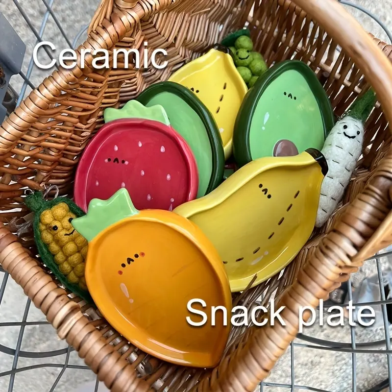 4 Piece Ceramic Snack Plates Cute Cartoon Fruit Design Orange Avocado Strawberry Corn for Dessert Sauce Sushi Condiments Food Safe Tableware for Festive Home Decor Vibrant Serving Dishes Durable Dinne