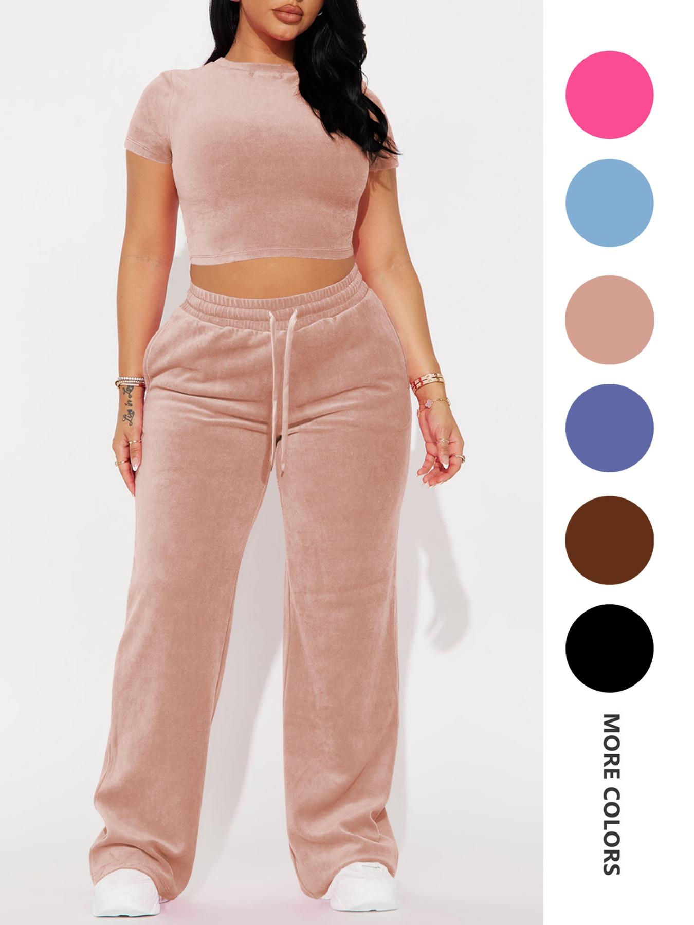Two-piece Set Women's Solid Crop Tee & Drawstring Waist Pants Velvet Set, Casual Short Sleeve Round Neck T-shirt & Elastic Waist Trousers, Ladies Summer Clothes, Casual Matching Set