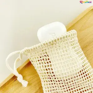 Natural Cotton Mesh Soap Saver Bag, Exfoliating Drawstring Pouch for Bar Soaps, Reusable Foaming & Lathering Net Bag, Eco-Friendly Bathroom Accessory to Extend Soap Life and Gentle Skin Exfoliation