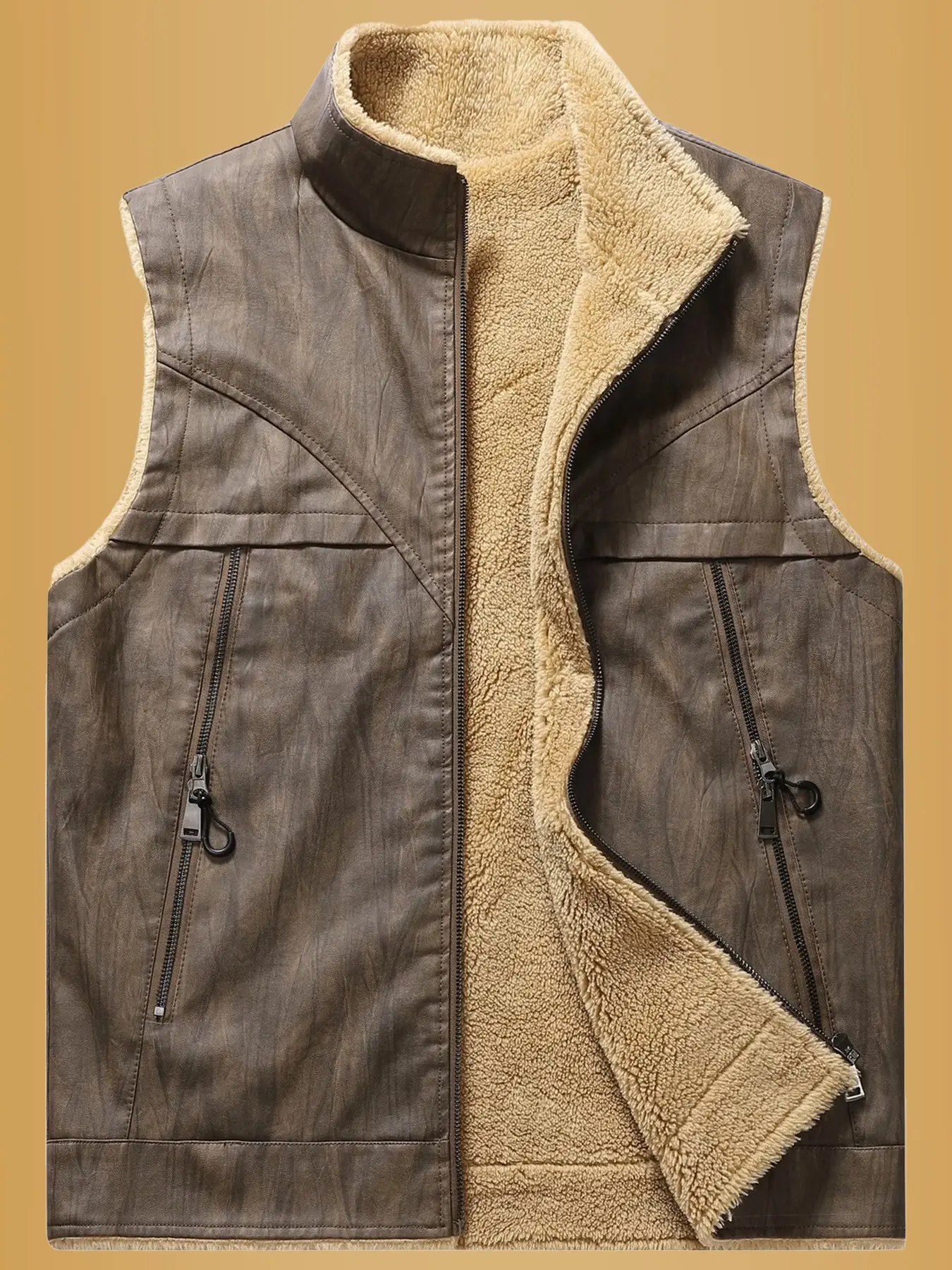 Men's Functional Vest, Stand Collar, Fleece Lined, Thickened, Multi-Pocket Design, PU Material, Fashionable Warm Vest for Fall & Winter