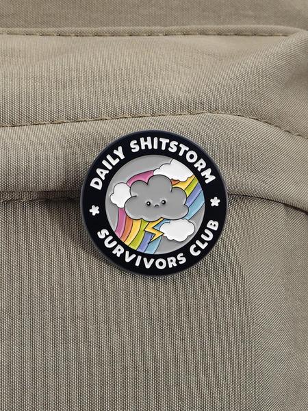 Rainbow Cloud Badge DAILY SHITSTORM SURVIVORS CLUB, Dark Humor Lightning Rainbow Design, Stress Relief Gift for Office Workers