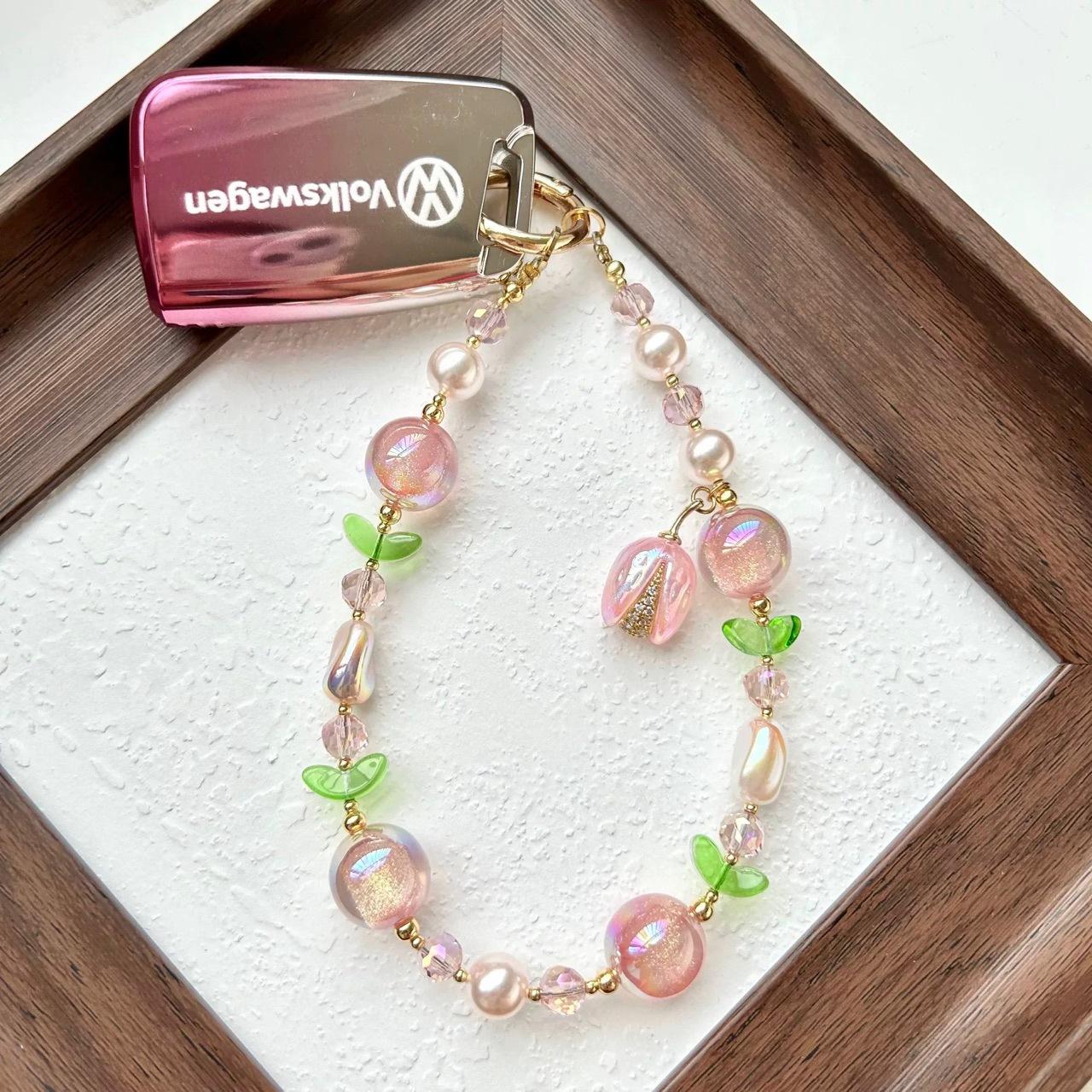 Original phone lanyard wrist strap dopamine phone chain beaded pink pistachio light luxury high-end anti-loss hanging chain