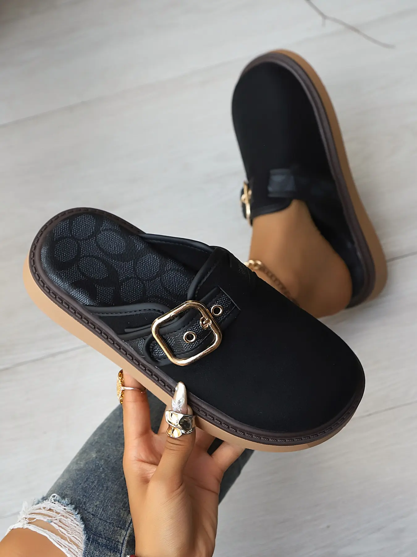 Colorful Textured Velvet Half Sandals, Spring Summer Retro Melanin Style, Dark Pattern Patchwork Gold Square Buckle, Adjustable Thick Sole Slip-Ons, Slip On Mules