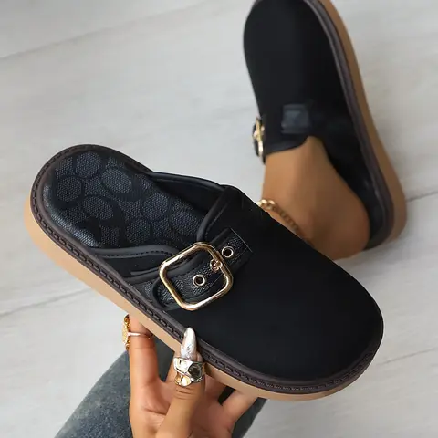 Spring & Summer Retro Melanin Style, Colorful Dark Pattern Patchwork Golden Square Buckle, Adjustable Thick Sole Slip On Mules, Bohemian Print Mules