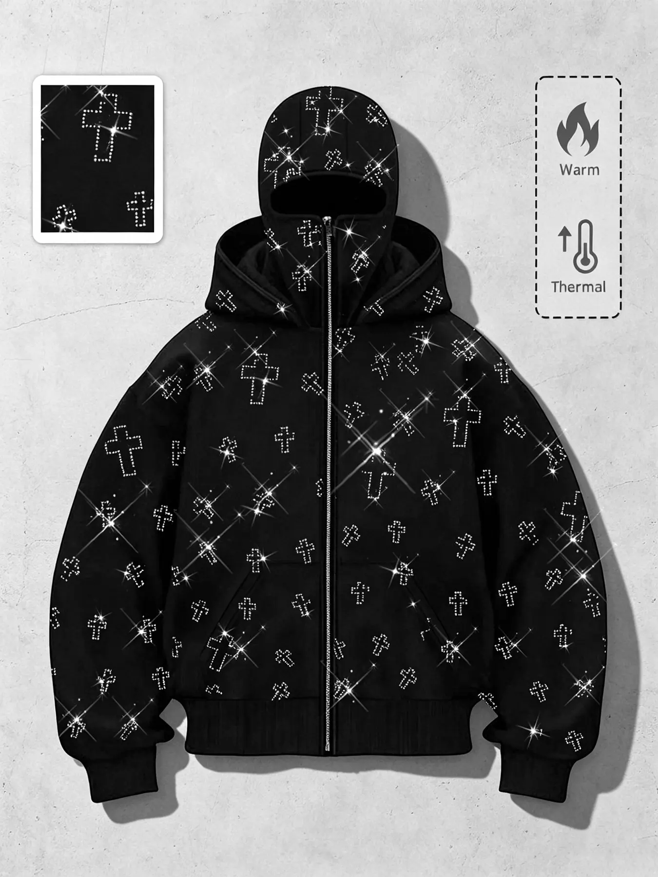 American Style Full Rhinestone Cross Graphic Print Hoodie, Thick Warm Embellished Dual Hat Zipper Streetwear Loose Sweatshirt, Trendy Outerwear, Casual Loose Zipper