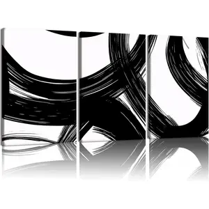 Abstract Canvas Wall Art Set of 3 Modern Minimalist Wall Decor Black White Brushstroke Painting Artwork 16x24 Inch Framed Posters Prints for Living Room Bedroom Office