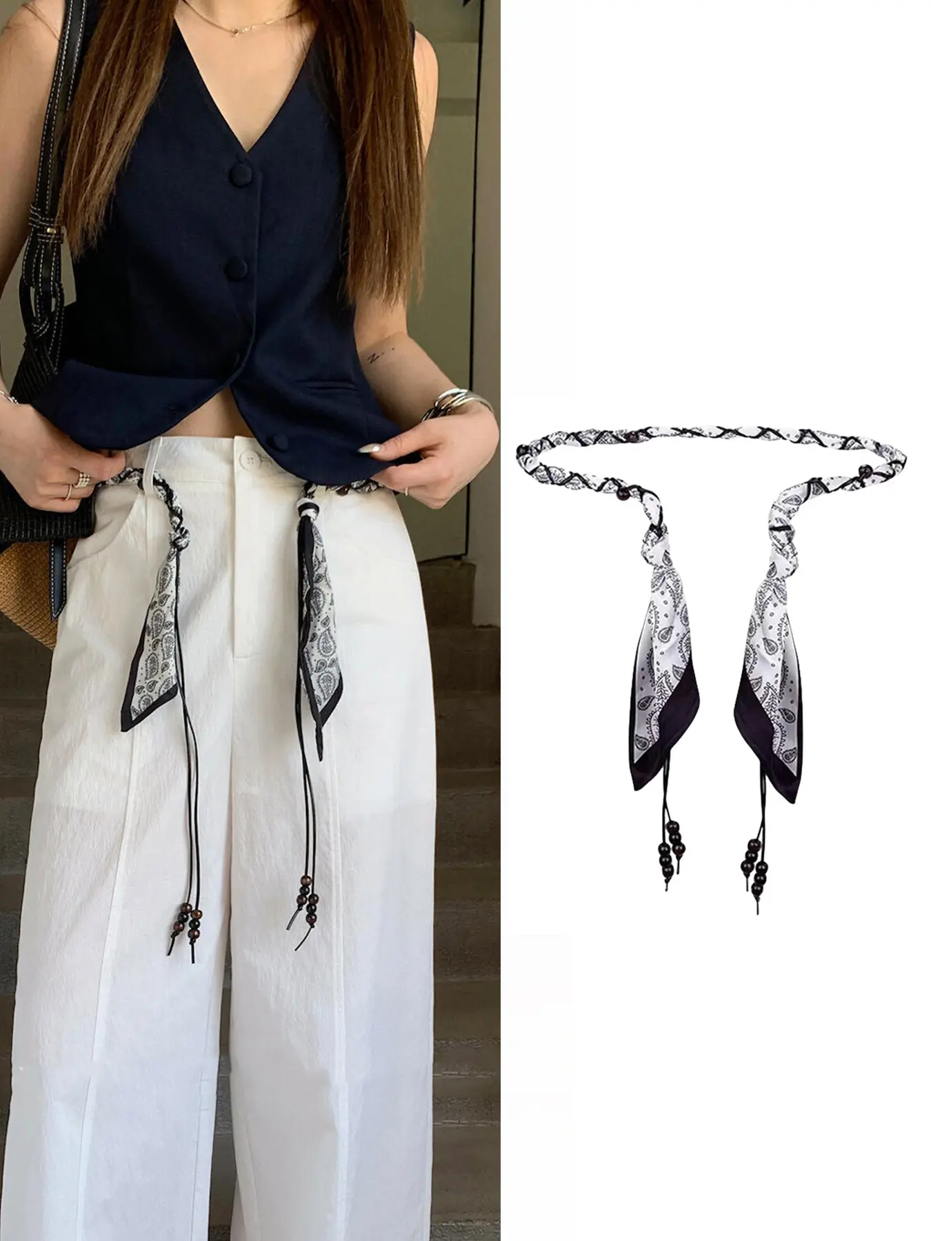 [Vintage Punk Hip Hop Belt] 1pc Vintage Boho Beaded Scarf Belt for Women, Y2K Western Waist Rope Belt with Paisley Print Tassels, Adjustable Belt for Jeans, Dresses, Skirts, Festival, Streetwear & Casual Wear