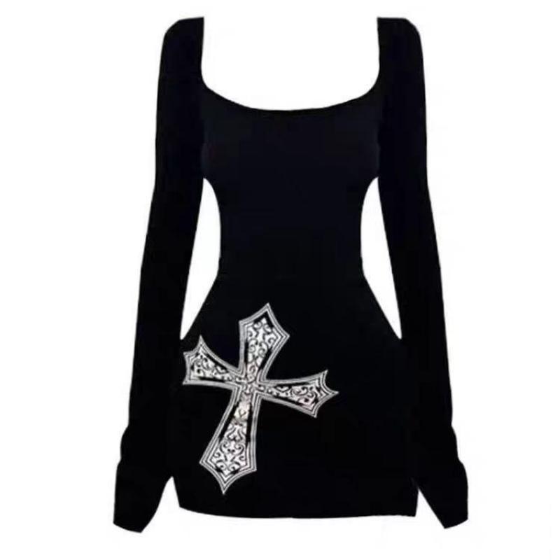 トップス 00s bpn long sleeve gothic archive 2000s Gothic Black Print Cross Long Women's T-shirt Long Sleeve