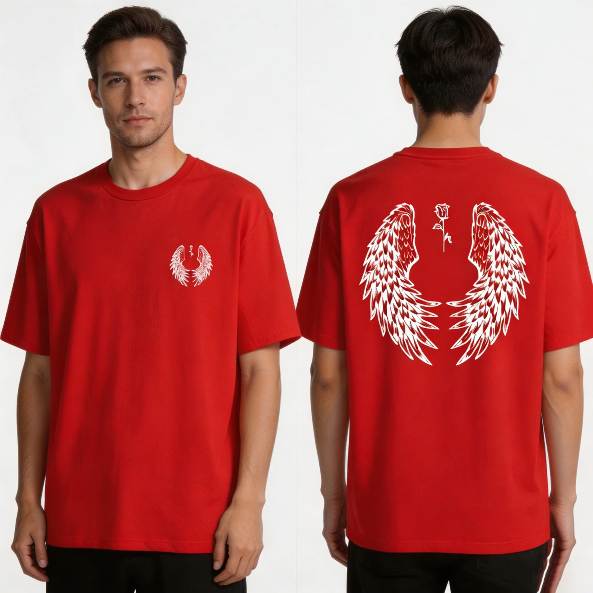 Red Double-Sided Wing Graphic Tee – Angel Wings & Rose Design, Cool Streetwear Cotton Shirt, Perfect Gift for Him, Best Edgy or Gothic Style Outfit for Friends