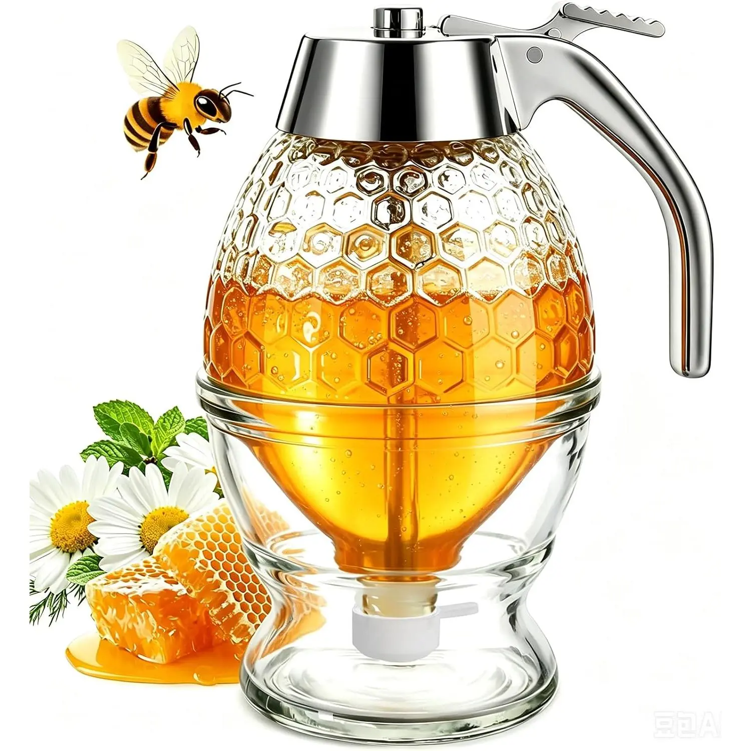 Honey Dispenser No Drip, Glass Honey Container with Stand