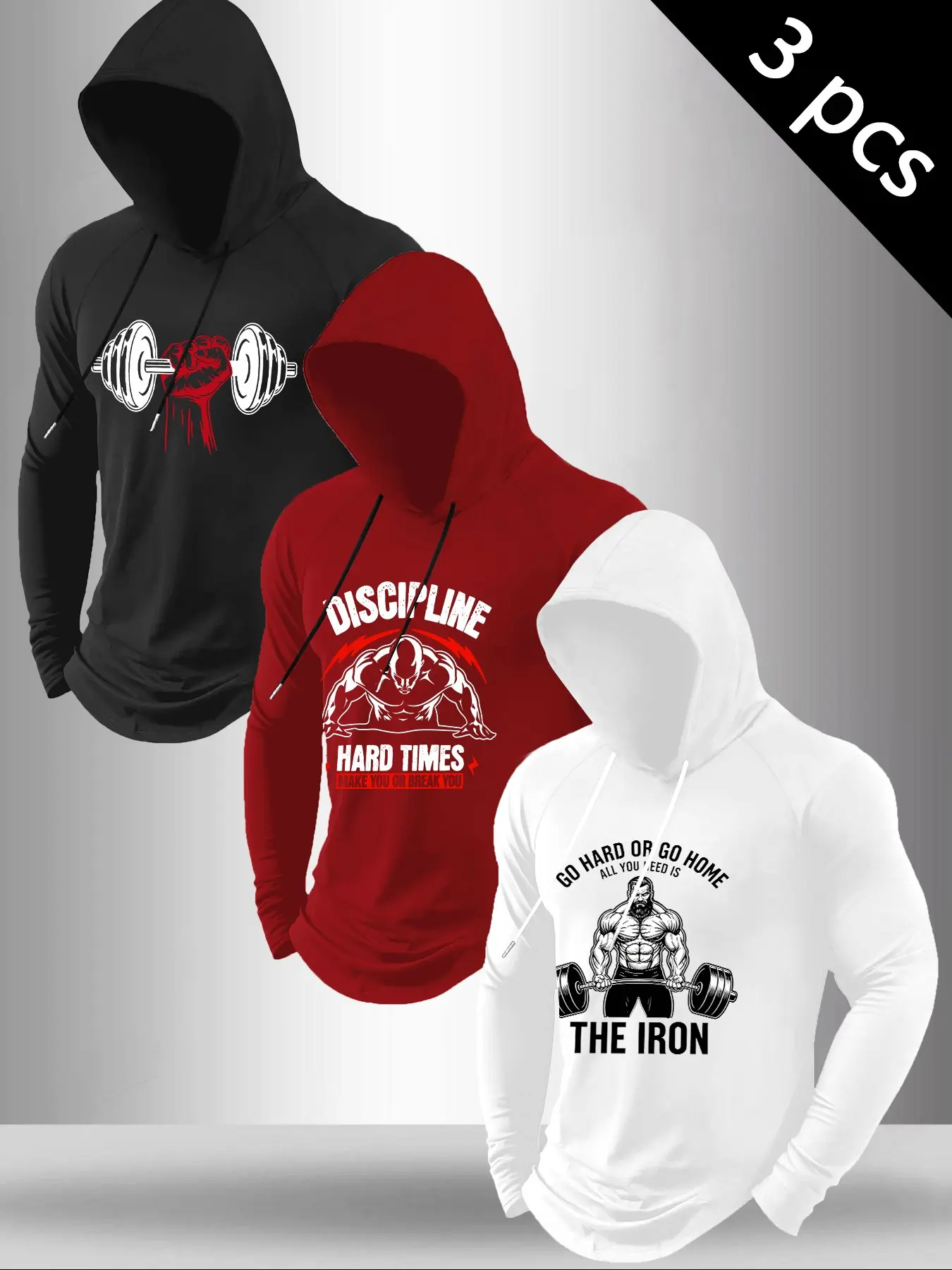 Men 3Pcs Gym Workout Hoodies, Athletic Training Long Sleeve Hooded Shirts, Bodybuilding Lifting Fitness Pullover Tops for Daily & Training