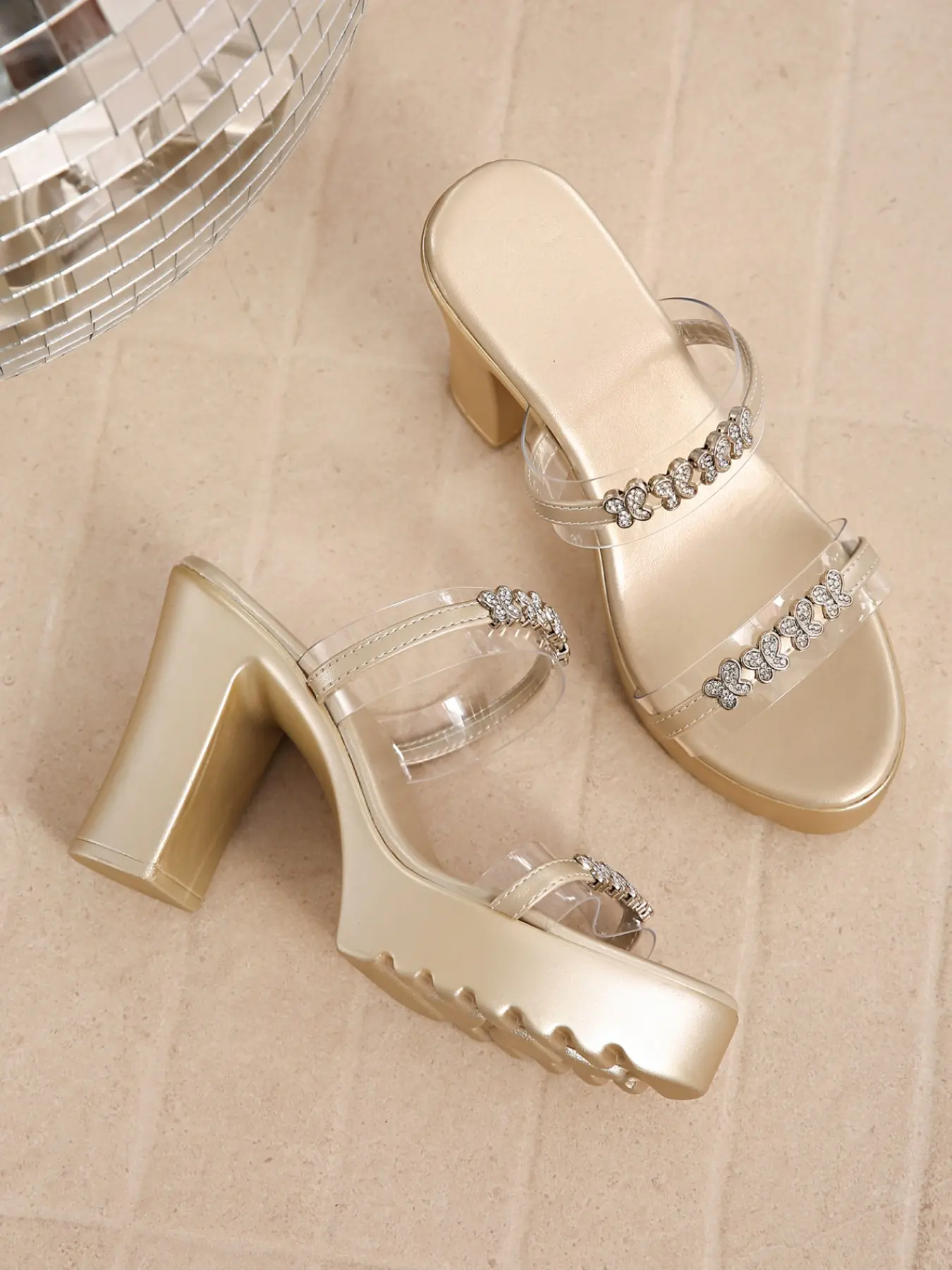 Women Open Toe Platform Block Heel Mule Sandals Trendy Clear PVC Two Straps Rhinestone Butterfly Decor Slip On Heels Date Night Club Wedding Guest Evening Outfits 3 Colors Gold Black Silver
