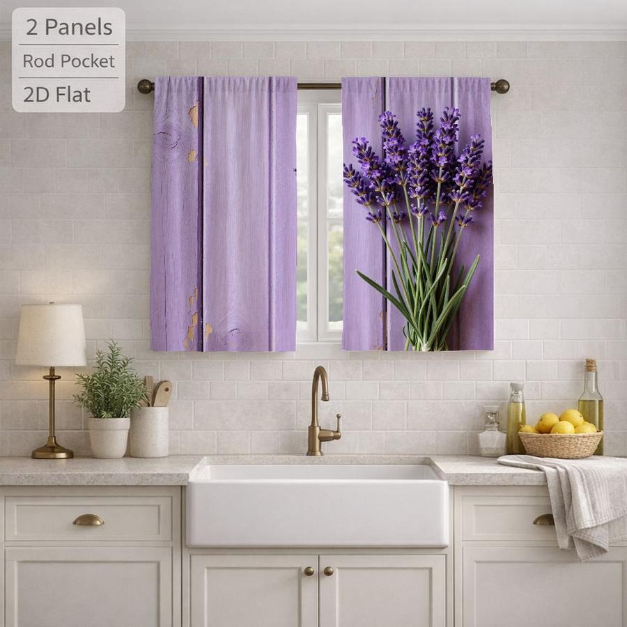 2Pcs Romantic Purple Lavender Floral Wooden Board Sun Blocking Curtains Digital Printed Rod Pocket, Window Treatment For Bedroom Office Kitchen Living Room Study Home Decor