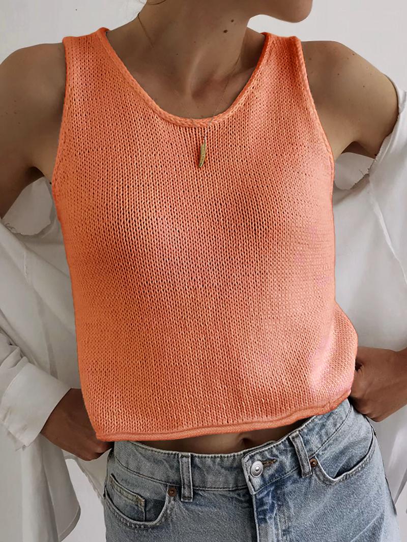 Women's Plain Round Neck Crop Sweater Vest, Casual Sleeveless Cropped Knit Top for Spring & Fall, Fashion Women's Knitwear for Daily Wear