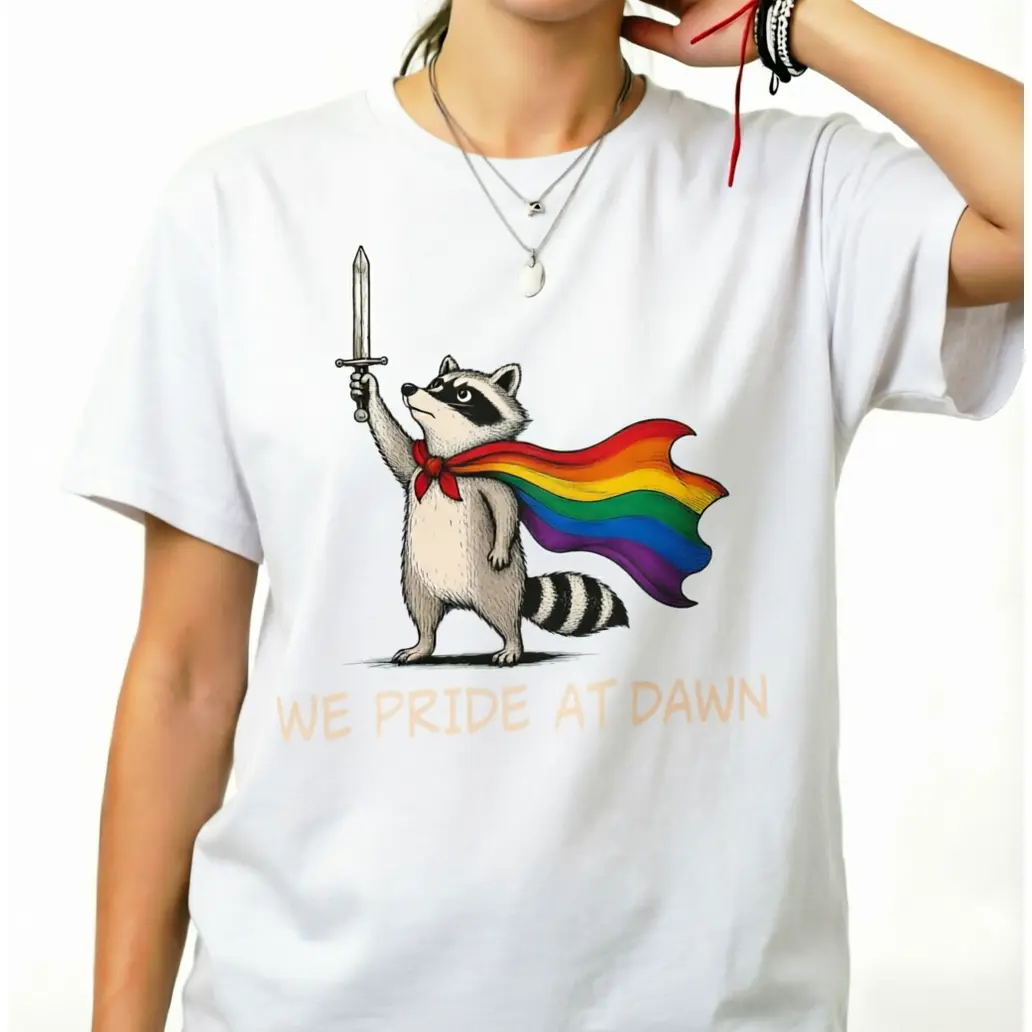 We Pride At Dawn Funny Raccoon LGBT Support Pride Month Unisex Cotton T-Shirt Support Graphic Summer Top vintage white navy tee black neck comfortable casual short sleeve american men t-shirt trendy streetwear july usa  apparel tshirt