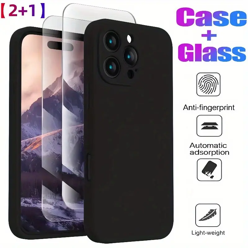 Phone Case - [2+1] 2pcs Tempered Glass +1 Liquid Silicone Protective Phone Cover for Iphone 17 Air 17 Pro 17 Pro Max 17 16E 16 15 14 13 Plus Pro Max 16 15 14 13 Pro