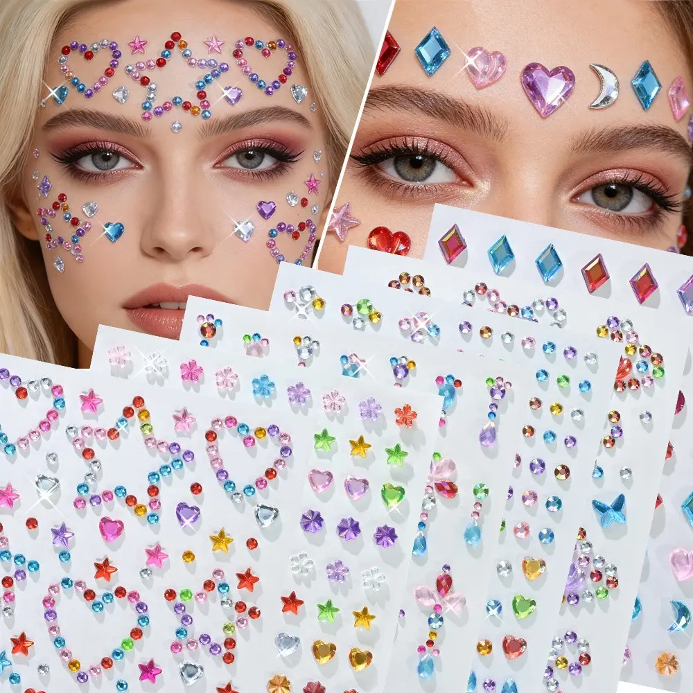 6 Pcs Mixed Color Rhinestone Body Jewelry Stickers, Self-Adhesive Heart Star Moon Designs, Party Halloween Makeup Artistry Nail Art Decorations