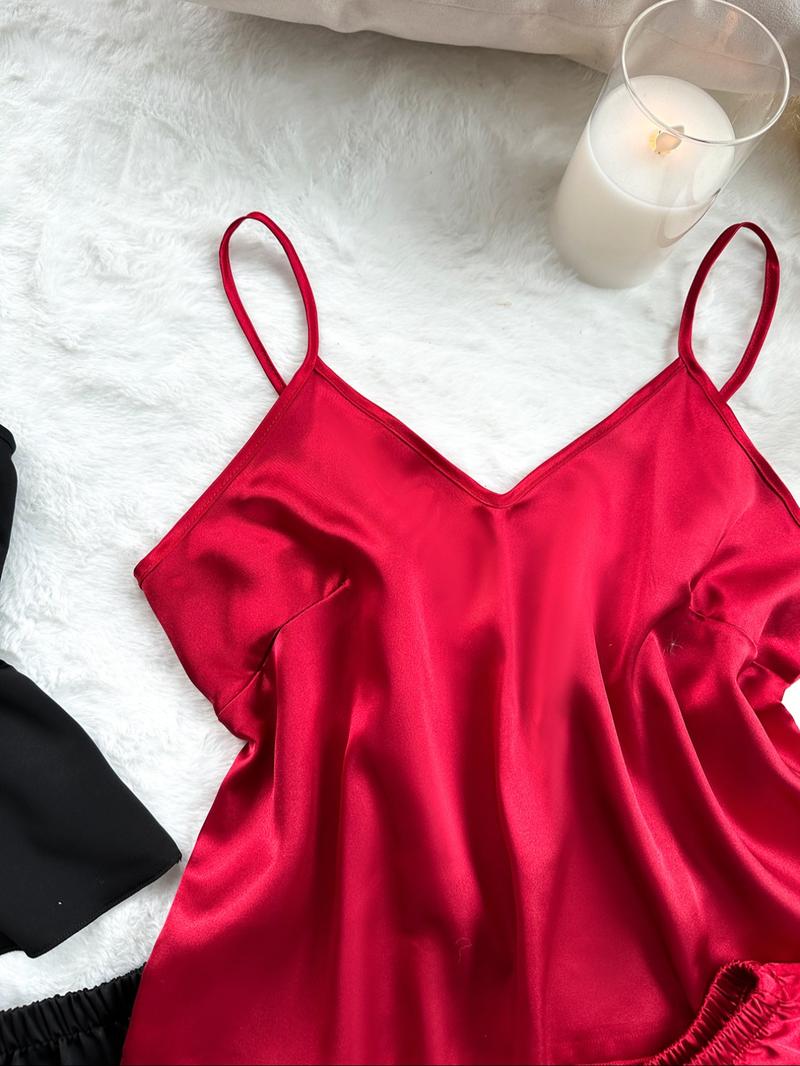 Women's Solid V Neck Cami Top & Elastic Waist Bow Decor Shorts Satin Pyjama Set, Elegant Adjustable Spaghetti Strap Camisole & Ruffle Hem Shorts PJ Set, Ladies Sleepwear for All Seasons, Camisole Sets